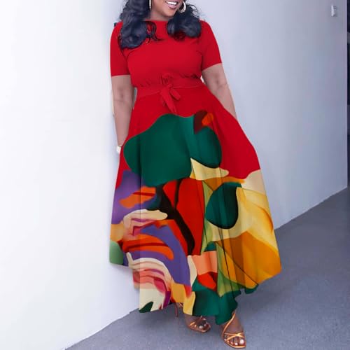 Image of BFFBABY Plus Size Dress A Line Dresses for Women Summer Long Dresses with Sleeve Casual Belted