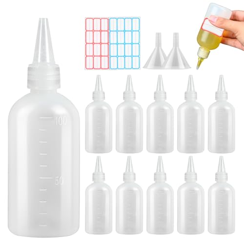 Yicenmy 12 Stück Quetschflasche, 100ml Squeeze Flasche mit Trichtern Etiketten, PE Dosierflasche mit Schraubdeckel, Saucenflasche für Senf, Mayo, Olivenöl, Honig, Gewürze