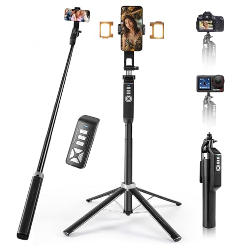 INMOZATA Selfie Stick Tripod with Light, 71 Extra Phone Tripod Stand for Filming with Detachable Bluetooth Remote, Extendable Tube Selfie Stick for iPhone, Android, Camera, Gopro