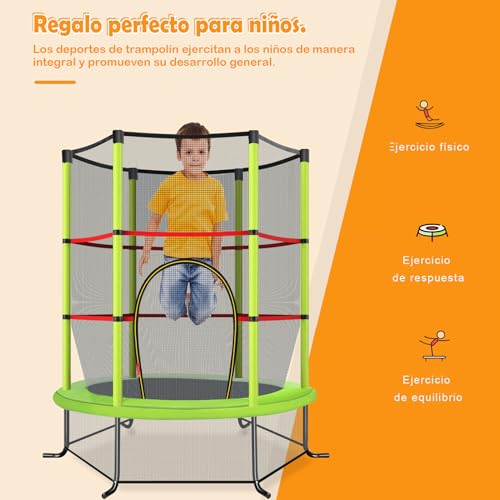 Miniatura 6 de Costway Cama Elastica Infantil Ø 165cm, Trampolines Con Red De Seguridad Y Almohadilla Para Muelles Para Niños De 3-6 Años, De Interior Exterior, Carga Estática 135kg Verde, Ø165 X 165 Cm