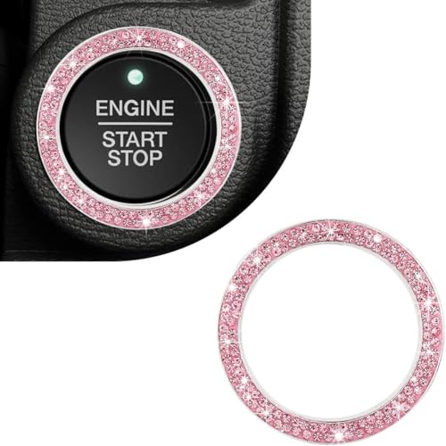 1 PC Car Start Stop Button Cover - Pink Rhinestone Push Start Ring - Metal Decorative Starter Button Trim - Pink Car Accessories