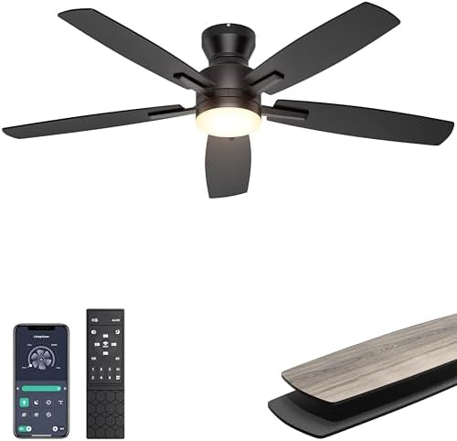 Ohniyou Ceiling Fans with Lights, 52'' Low Profile Ceiling Fan with Light and Remote/APP Control, Modern Flush Mount Ceiling Fan for Indoor Bedroom Living Room, Dimmable, Quiet DC Motor, Black
