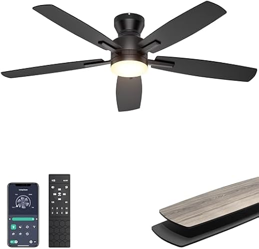 Ohniyou Ceiling Fans with Lights, 52'' Low Profile Ceiling Fan with Light and Remote/APP Control, Modern Flush Mount Ceiling Fan for Indoor Bedroom Living Room, Dimmable, Qiuet DC Motor, Black