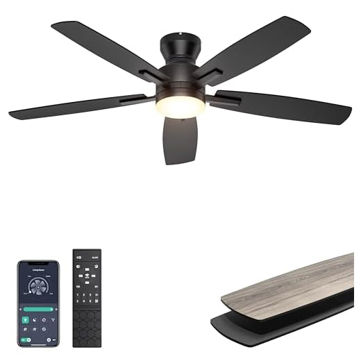 Ohniyou Ceiling Fans with Lights, 52'' Low Profile Ceiling Fan with Light and Remote/APP Control, Modern Flush Mount Ceiling Fan for Indoor Bedroom Living Room, Dimmable, Quiet DC Motor, Black