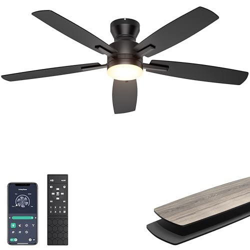 Ohniyou 52'' Ceiling Fan with Lights: Smart Fan with remote & APP Control - Low Profile Ceiling Fan with Quiet Performance - Flush Mount Outdoor Ceiling Fan (Black) by Ohniyou - Used condition - CA$64.12
