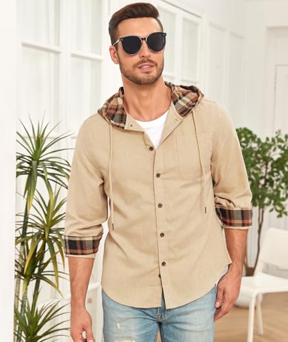 Mens Flannel Hoodie Shirts Long Sleeve Fashion Plaid Jackets Button Down Shirts