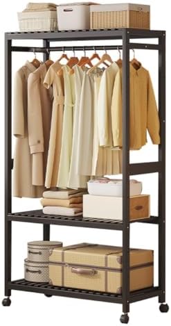 Free Standing Wooden Clothes Rack with Shelves - Bamboo Wardrobe on Wheels, Open Wardrobe for Bedroom, Garment Rack with Storage Shelf - Stylish & Functional