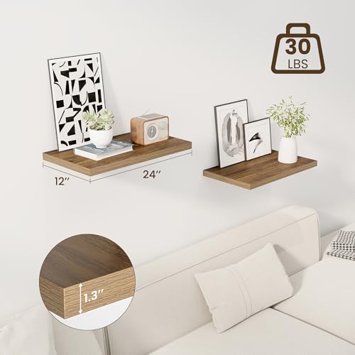 Image of Dreamland 24 inch Floating Shelves for Wall, 12 inch Deep Slim Walnut Floating Shelves, Wall-Mounted Shelves for Bedroom, Living Room, Kitchen, Bathroom - Set of 2