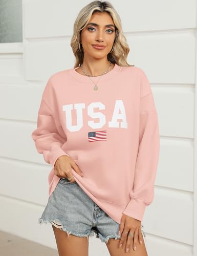 Micoson Women’S Oversized Sweatshirts Hoodies Casual Crew Neck American Flag Tops Preppy Letter Print Fleece Pullover Party Pink Clothes Winter Pink Xxl thumb #1
