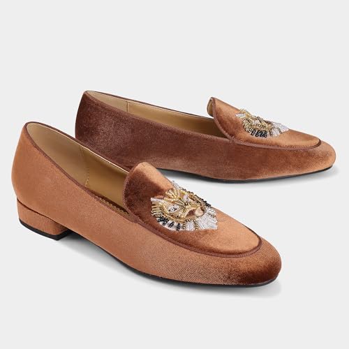 Image of Embroidered Loafers for Women Round Toe Chunky Heel Velvet Flats with Lion Head Pattern Wide Width Dress Casual Shoes