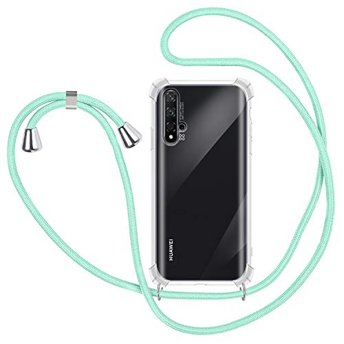 Funda con Cuerda para Huawei Nova 5T / Huawei Honor 20, Carcasa Transparente TPU Suave Silicona Case con Correa Colgante Ajustable Collar Correa de Cuello Cadena Cordón - Verde Menta