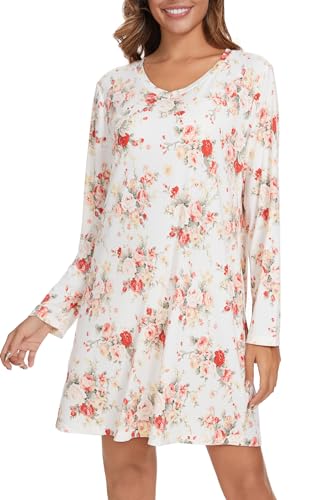 Image of Kabento 2 Pack Long Sleeve Nightgowns for Women Soft Cotton Night Gowns Sleepwear V Neck Nightshirts