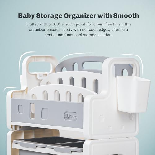 Image of BAYBEE Multipurpose Storage Rack for Kids | Toy Organizer & Bookshelf for Toddlers | Compact Storage Shelf for Toys, Stationery, Art Supplies | Detachable Book Rack with Rounded Corners (Grey)