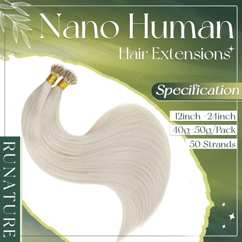 RUNATURE 18 Inch Nano Beads Hair Extensions Real Human Hair Ice Blonde Nano Hair Extensions Real Human Hair White Blonde Invisible Nano Rings Straight Remy Hair 50g 50s #800 - Image 2