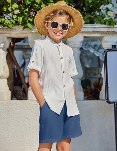 Image of Arshiner Boy's 2 Piece Beach Outfit Short Sleeve Textured Button Down Shirt and Short Sets Summer Vacation Wear 4-12 Years