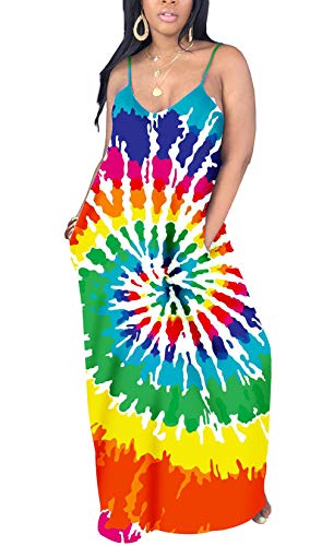 LAJIOJIO Women's V-Neck Spaghetti Strap Tie Dye Print Pockets Loose Beach Maxi Dresses Multi 2XL