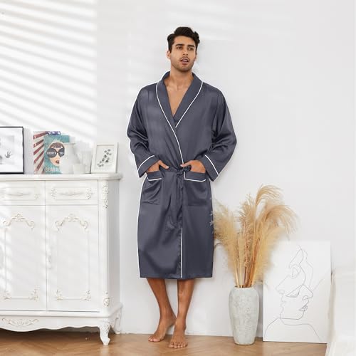 Image of Vulcanodon Men's Satin Robe Lightweight,Men's Luxurious Silk Kimono Bathrobe