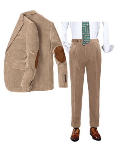 Ellenbogen-Patch, 2-teilig, Jacke, Hose für Herren, Vintage-Kordsamt, zwei Knöpfe, Revers, Hochzeit, Sport, Mantel, Dusty Champagne, XL