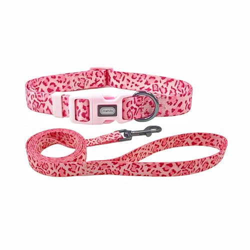 Olahibi Set combinato con collare e guinzaglio per cani, motivo leopardato, materiale in poliestere, guinzaglio abbinato da 150 cm, per cani M (rosa leopardato)