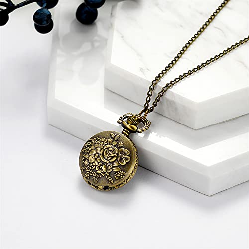 Image of JewelryWe Bronze Flower Pocket Watch: Retro Vintage Pendant Watch with Openwork Cover and 32.3 Inch Chain - for Men Women Daily Wear and Gift Giving