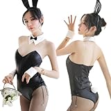 [LIKENNY] バニーガール コスプレ セクシーうさぎ バニー コスチューム レオタード かわいい 可愛い プレゼント 衣装 服 女性用 レディース 仮装 レザー フェイクレザー 大胆 うさぎ耳 尻尾付き 7点セット