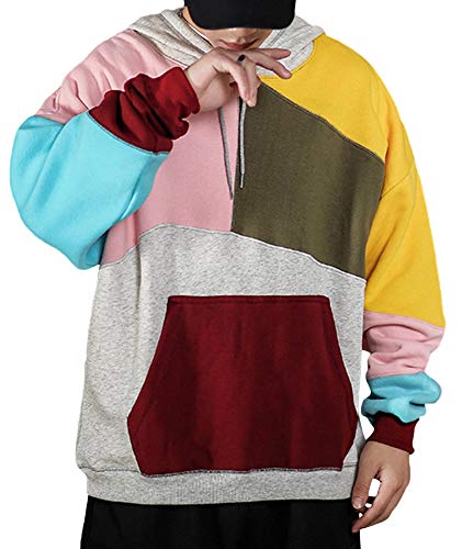 Men's Swagger Color Block Cotton Pullover Hoodies 5XXL Hip Hop Brushed Hooded Sweatshirt Outwear