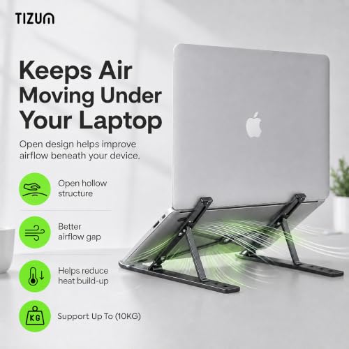 Image of Tizum Ergonomic Laptop Sand Riser /iPad Holder with 7 Adjustable Angles|Imported-CNC Cut,Fully Foldable & Portable|Tabletop,Premium Aluminum,Sturdy Base,Fast Heat Dissipation for Laptops 15.6 inch (Black)