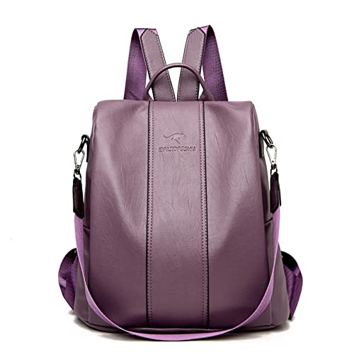 Mochila Feminina Moda Mochila de Grande Capacidade Viagem Mochila Mulheres de Couro PU Macio Multifuncional Anti-roubo Bolsa de Ombro (Roxo)