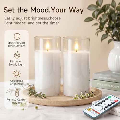 Image of Homemory Clear Glass Flameless Candles Battery Operated LED Pillar Candles with Remote and Timer, Real Wax Flickering Candles with 3D Wick, Decorative Glass Candles Home Wedding Holiday Decor, 2 Pack