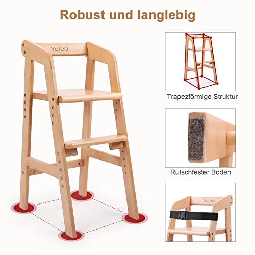 YOLEO hochstuhl, höhenverstellbarer Holzhochstuhl für kinder bis 12 Jahren, mitwachsender Buchenholz Babystuhl, Stuhl wächst mit dem Baby, zum Essen und Lernen (Natur mit Kissen)