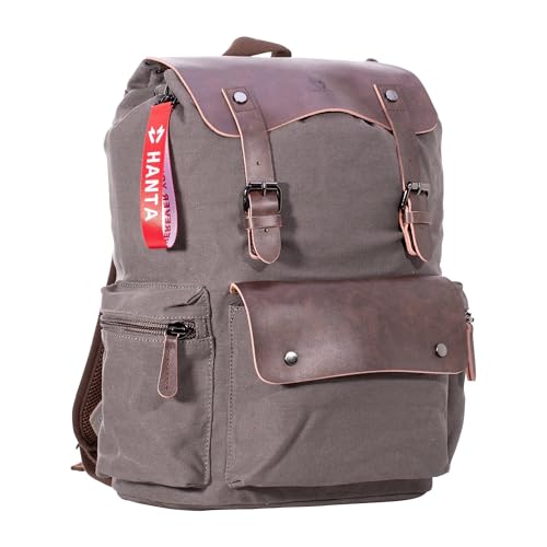 Hanta Nature Rucksack Canvas 25L Outdoor Rucksack aus Leder und Canvastoff Wanderrucksack für Ausflüge, Camping, Alltags-Rucksack für Damen und Herren mit Lederriemen und Reißverschlüssen - grau
