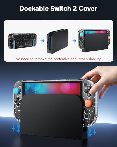 Image of FYOUNG Switch 2 Cover Case, Crystal Hard Protective Shell for Nintendo 2 | Improved Easy Dockable Version, Split Design, Slim Shockproof Cute Case with Glass Screen Protector, 8 Thump Grip