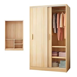 Modern Wood Double Sliding Door Bedroom Wardrobe,Freestanding Clothes Cabinet with Shelves and Clothing Rods, Large Capacity Saves Space Wardrobe Armoire(31.5×17.7×70.8in, Walnut)