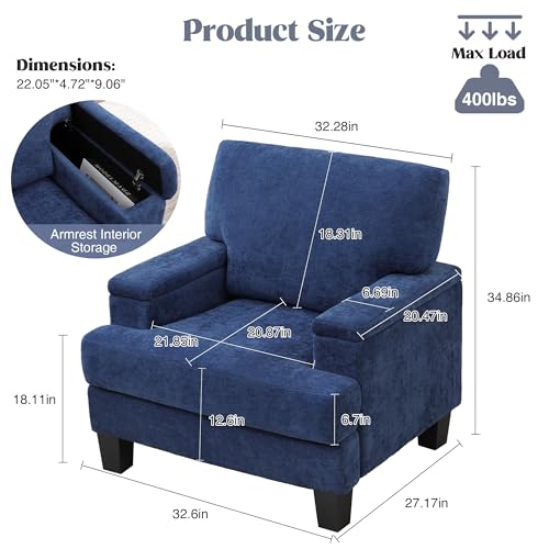 Image of Accent Chair Set of 2 with Storage Armrest, Modern Upholstered Reading Living Room Chairs, Comfy Large Armchair, Fabric Single Sofa Chair for Bedroom (Blue)