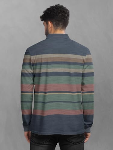 Image of BULLMER Striped Textured Printed Polo Neck Fullsleeve T-Shirt with Rib for Men
