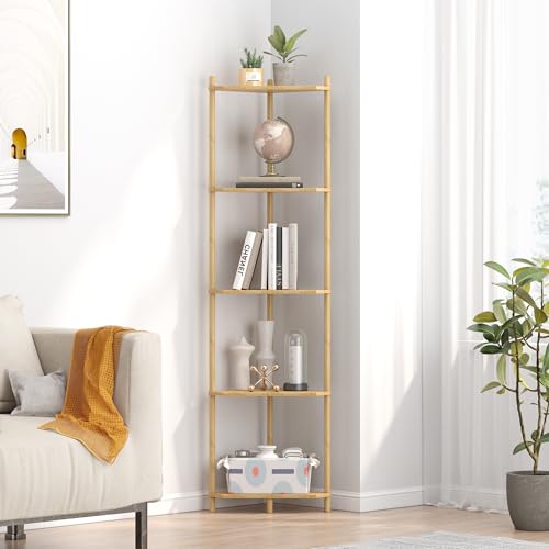 Wisuce Corner Shelf Stand - 5 Tier Natural Bamboo Small Corner Bookshelf for Office Kitchen Bedroom Plant Stand Living Room Decor Small Space - Image 5