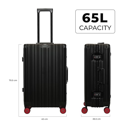 Image of EUME 100% Aluminium Trolley Bag for Travelling| 60cm Luggage Trolley Bag Medium Size for Travel| 8 Silentrun 360 Degree Spinner Wheels System| Premium Trolley Bag for Travel (Black with Red Wheels)