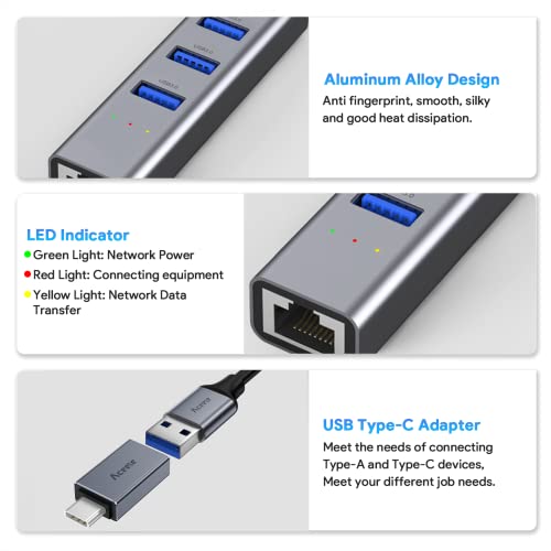Aceele Usb To Ethernet Adapter, Usb C To Ethernet, Aluminum Usb 3.0 Hub With Rj45 10/100/1000 Gigabit Ethernet Adapter, Compatible For Macbook Pro/Air, Ipad Pro 2021, Chromebook, Xps, Surface Pro #TOP5