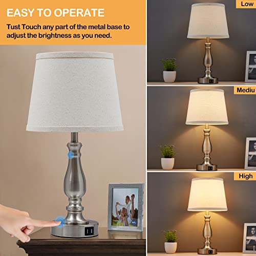 Lamps For Bedrooms Set Of 2, Brushed Nickel Bedside Lamps With Usb Ports, 3 Way Dimmable Nightstand Lamps With Fabric Linen Lampshade, Touch Table Lamp For Living Room Bedroom Office, Bulbs Included #TOP1