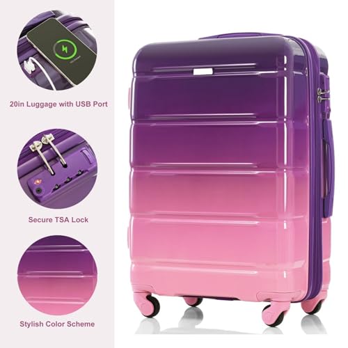 3-Piece Luggage Set with USB Port, 20/24/28 Inch Expandable Hardshell Suitcase, Airline Approved Carry-On Spinner Wheel Luggage for Travel, Lightweight Durable Suitcase Set (Purple + ABS+PC)4