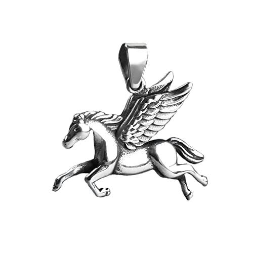 BlackAmazement Anhänger Halskette 316L Edelstahl Massiv geflügeltes Pferd Pegasus Horse Pony Silber Kette Damen (Anhänger mit Kette)