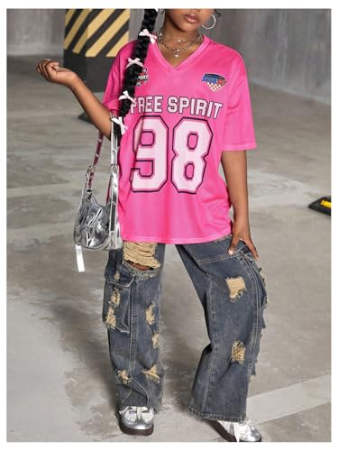 Image of RoseSeek Girl's Oversized T Shirts Letter Number Mesh Jersey Tops Short Sleeve V Neck Drop Shoulder Tees