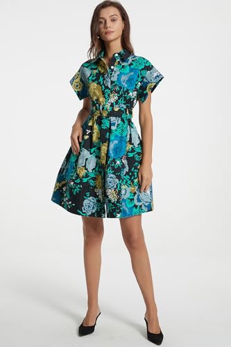 D-Sun Women Button Down Shirt Dress V-Neck Floral Printed Short Sleeve Mini Dress Casual Belted Short Party with Pocket4