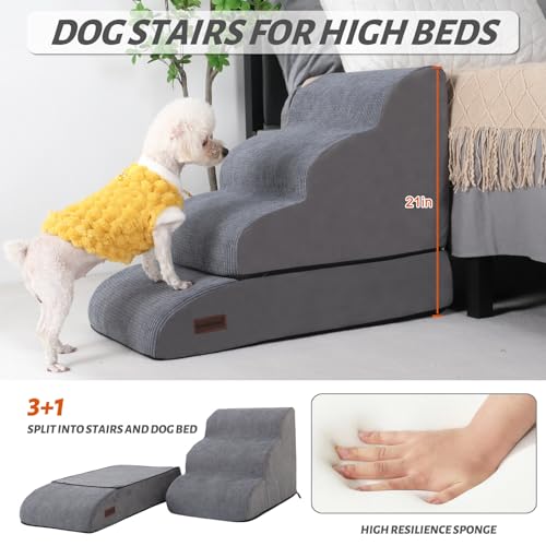 Image of 4-Step Dog Stairs and Ramp for Beds or Couch, Pet Steps for Dogs and Cats | Aodisman 21 inch H Dog Steps Non-Slip Sturdy,Ideal for Senior Dogs, Short-Legged Breeds & Puppies to Reach Beds and Chairs