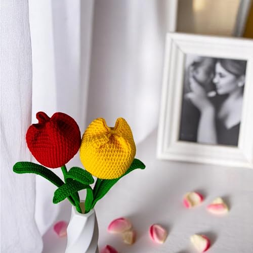 Image of Tulip Crochet Flowers | Handcrafted Artificial Faux Woolen Flower with Long Stem | Natural Looking Knitted Flower for Home, Living Room, Vase & Bouquet Decoration & Gifting | Red & Yellow