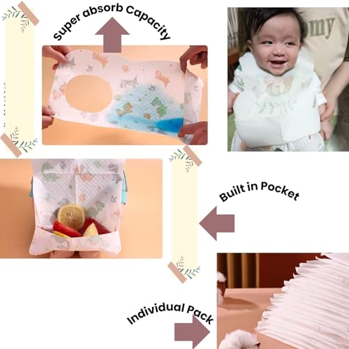 EverGrow Trade Angad Creations Disposable Baby Bibs Individual Wrapped Travel Bibs Waterproof Food Catcher for Toddlers Girls Boys Feeding 24 Count, Mix Prints3