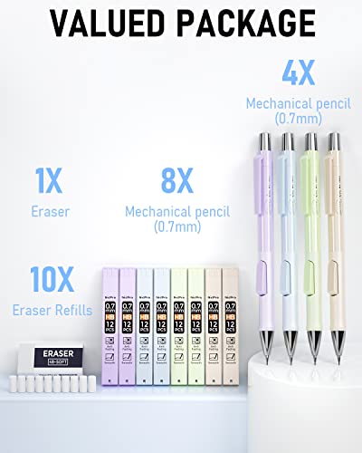 Nicpro 4 Pcs Pastel Mechanical Pencil 0.7Mm, Cute Fast Click Mechanical Pencils Set With 8 Tubes Hb Lead Refills, Erasers, Eraser Refills For School, Student Writing, Drawing, Sketching - With Case #TOP4
