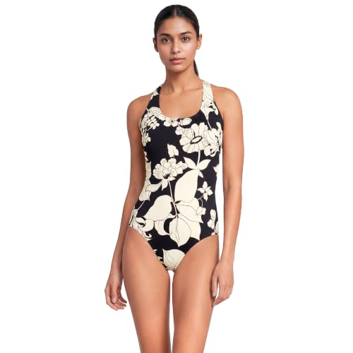 Lands End Womens Tugless X-Back One Piece Swimsuit 10 Black/Egret Lilies