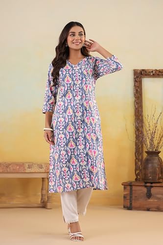 Image of Ichaa Women's Cotton Kurta | Printed Straight Kurta | V-Neck, 3 /4th Sleeve, Ethnic Wear