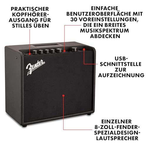 Fender Mustang LT25 Gitarren-Combo-Verstärker, 25W mit 8\ Lautsprecher, 30 Presets und USB-Konnektivität, Schwarz